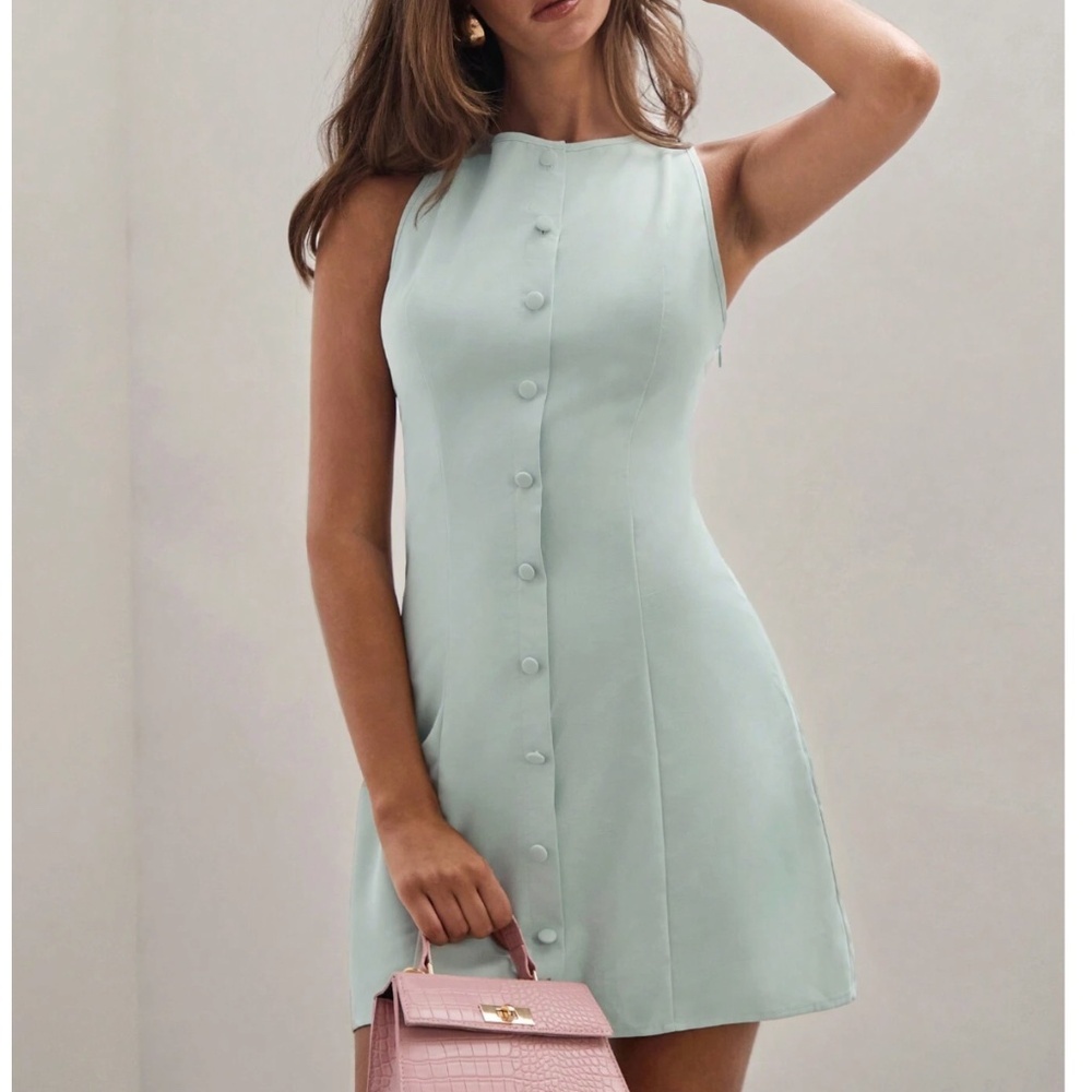 Mint Green Short Button Through Mini Dress Sleeveless
